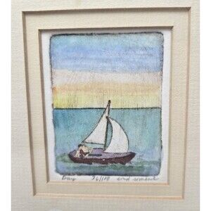 Mini Etched Watercolor "Day" Sailboat Signed Enid Romanek Ltd Edition Framed 4"